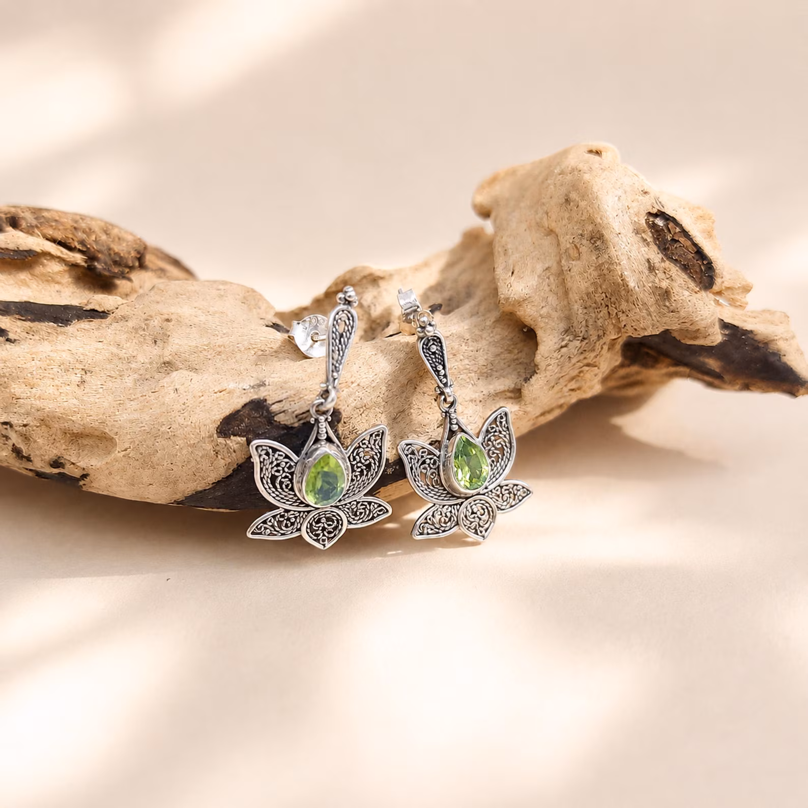 Lotus Gemstone Dangle Earrings Handmade in Bali Bali handmade silver filigree lotus earrings