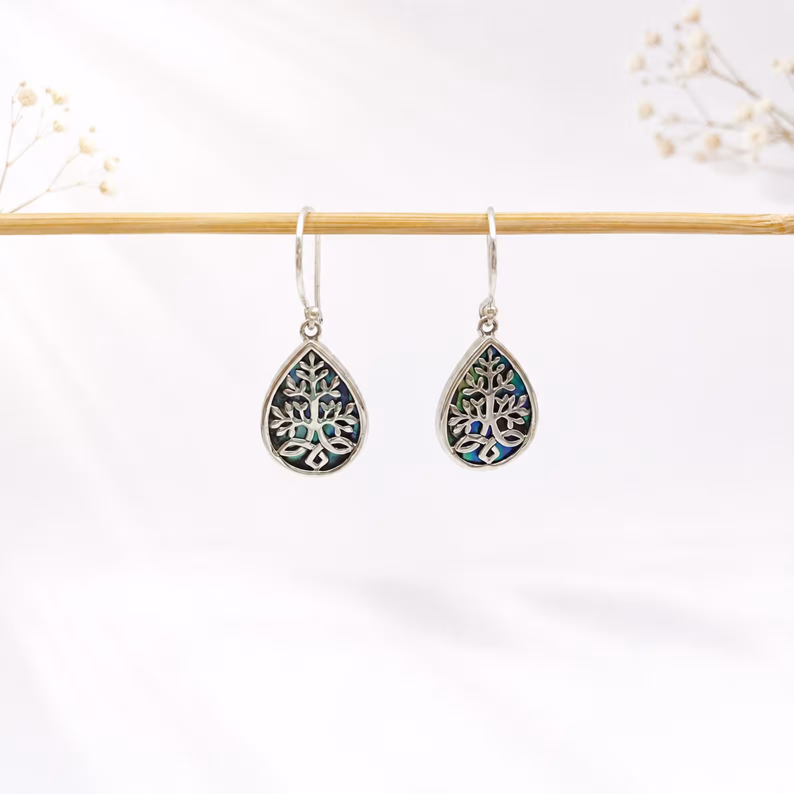 Natural Abalone Shell Tree of Life Silver Earrings