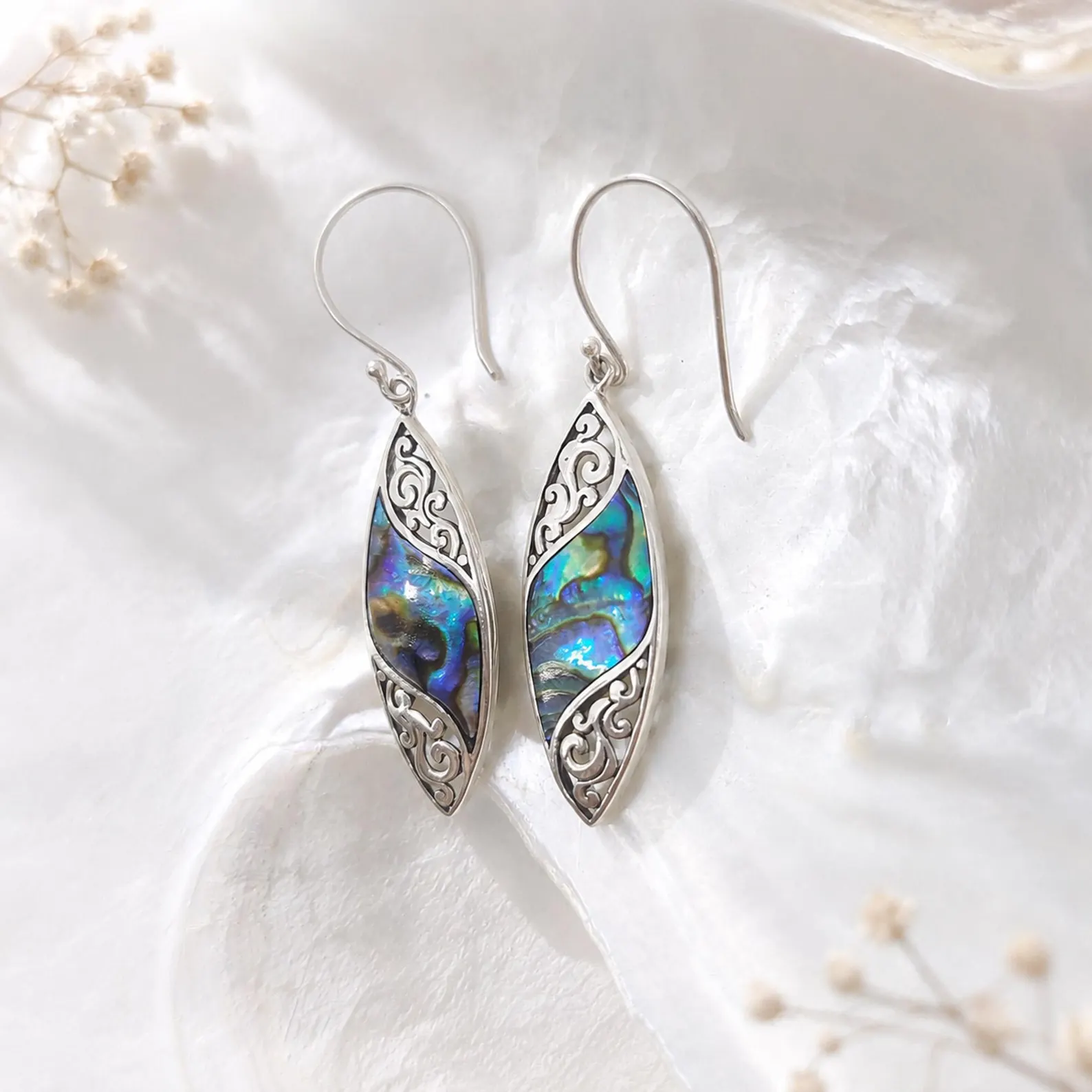 Natural Paua Abalone Shell Balinese Silver Earrings Handmade Balinese filigree abalone shell sterling silver earrings