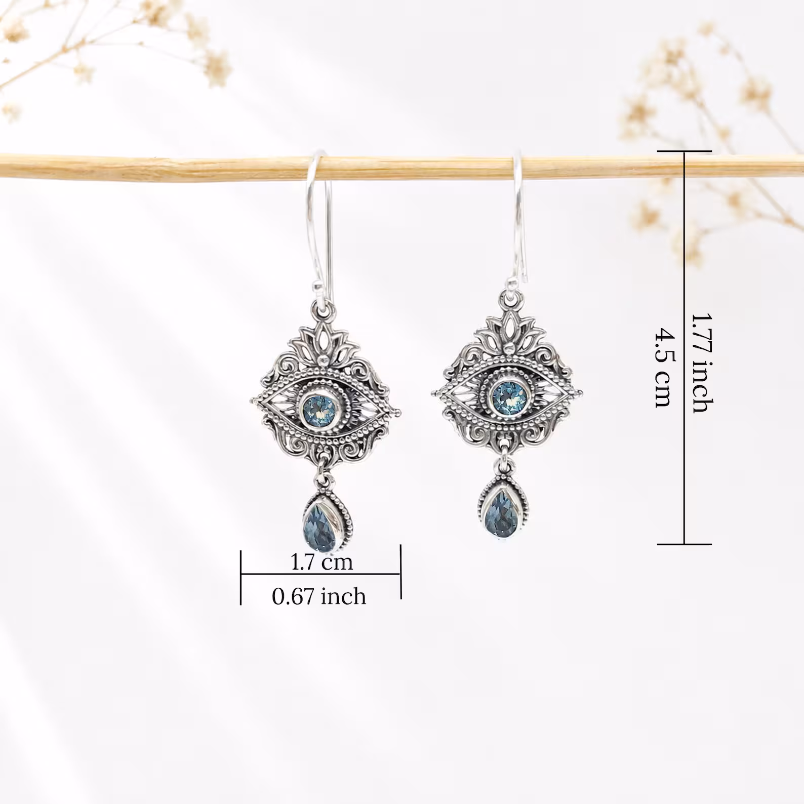 Ornate Balinese Silver Gemstone Earrings Close Up 925 sterling silver earrings with teardrop gemstone
