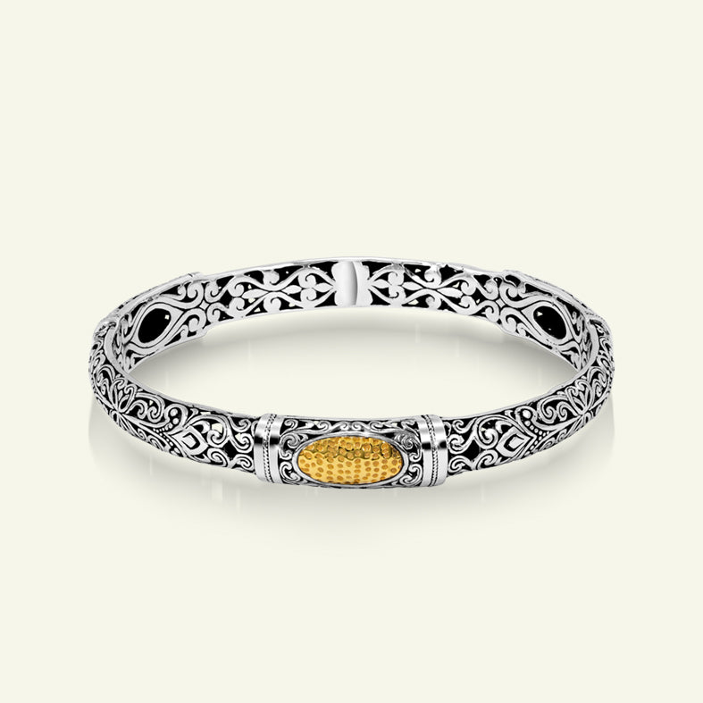 925 Sterling Silver Bangle with Gold-Plated Honeycomb Center 925 sterling silver bangle bracelet with gold plated honeycomb center