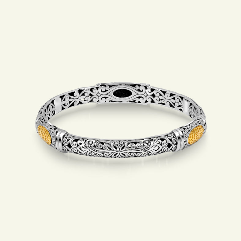 Sterling Silver Bangle Bracelet with Gold Honeycomb Detail sterling silver bangle with gold plated honeycomb centerpiece