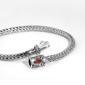 mens foxtail chain bracelet with oval red garnet in sterling silver