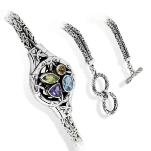 handmade Balinese silver bracelet with amethyst peridot blue topaz and citrine
